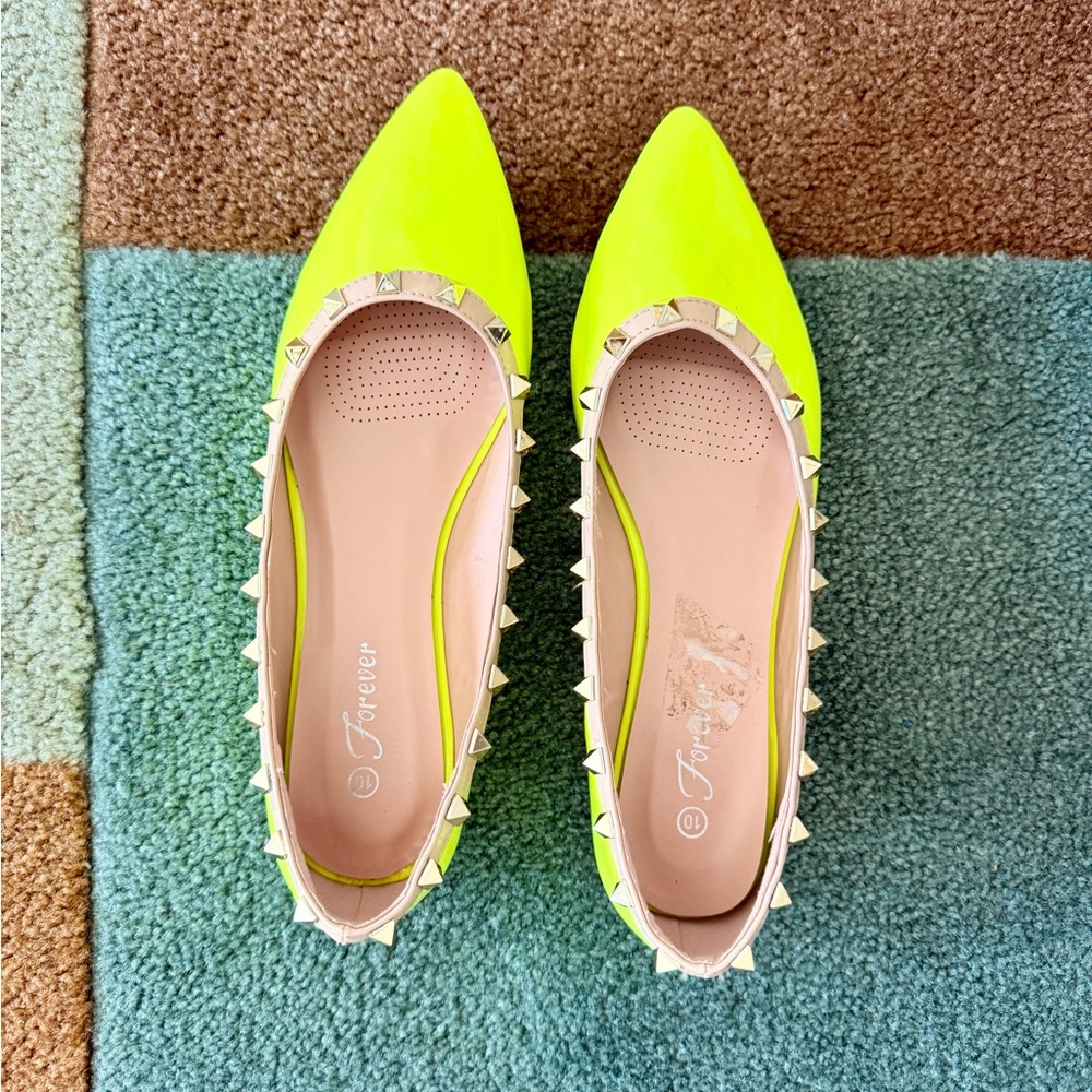 Neon Yellow Pointed Toe Studded Ballet Flats 9.5-10 - Valentino look